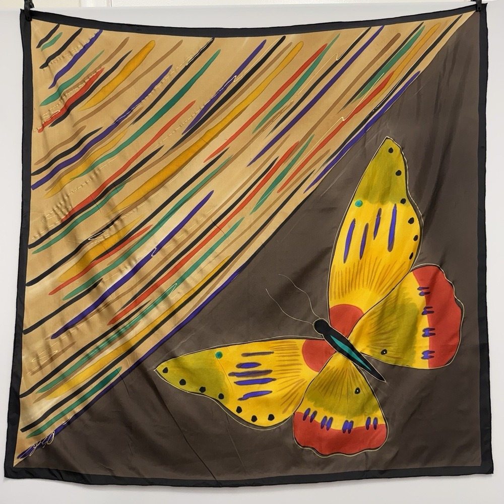 Vintage Signed Silk Butterfly Stripes Scarf Multi Colors & Gold 36" by 35"